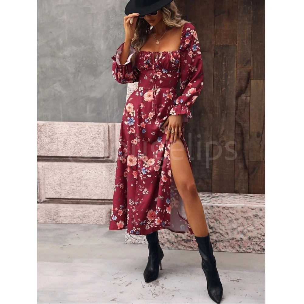 Floral Dress Square Neck Fit & Flare Maxi Long Sleeve Leg Slit Front Ties Red - Picture 5 of 10